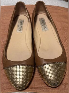 Jimmy Choo Waine Flats Tan Leather with Gold Mesh Toe Size EU38/US8